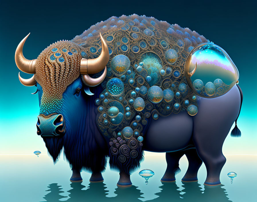 Intricate bubble-like patterns on ornate bison against blue gradient