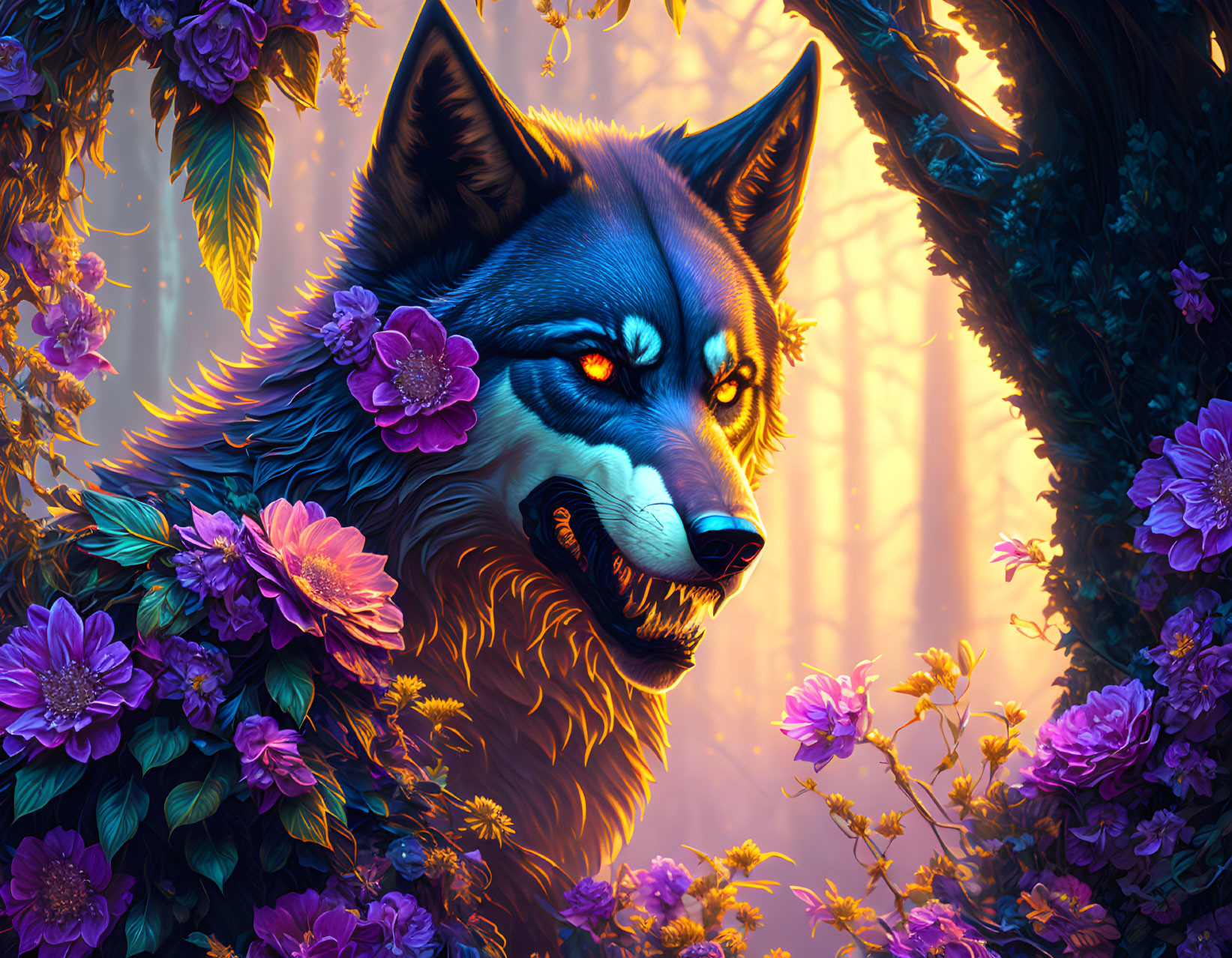 Majestic wolf surrounded by vibrant floral environment