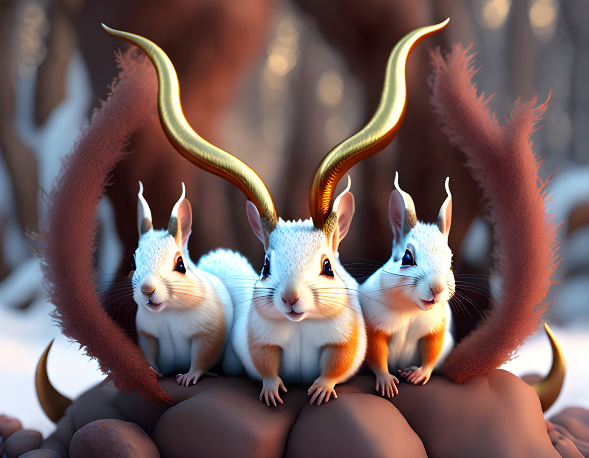 Whimsical squirrels with antlers in snowy forest