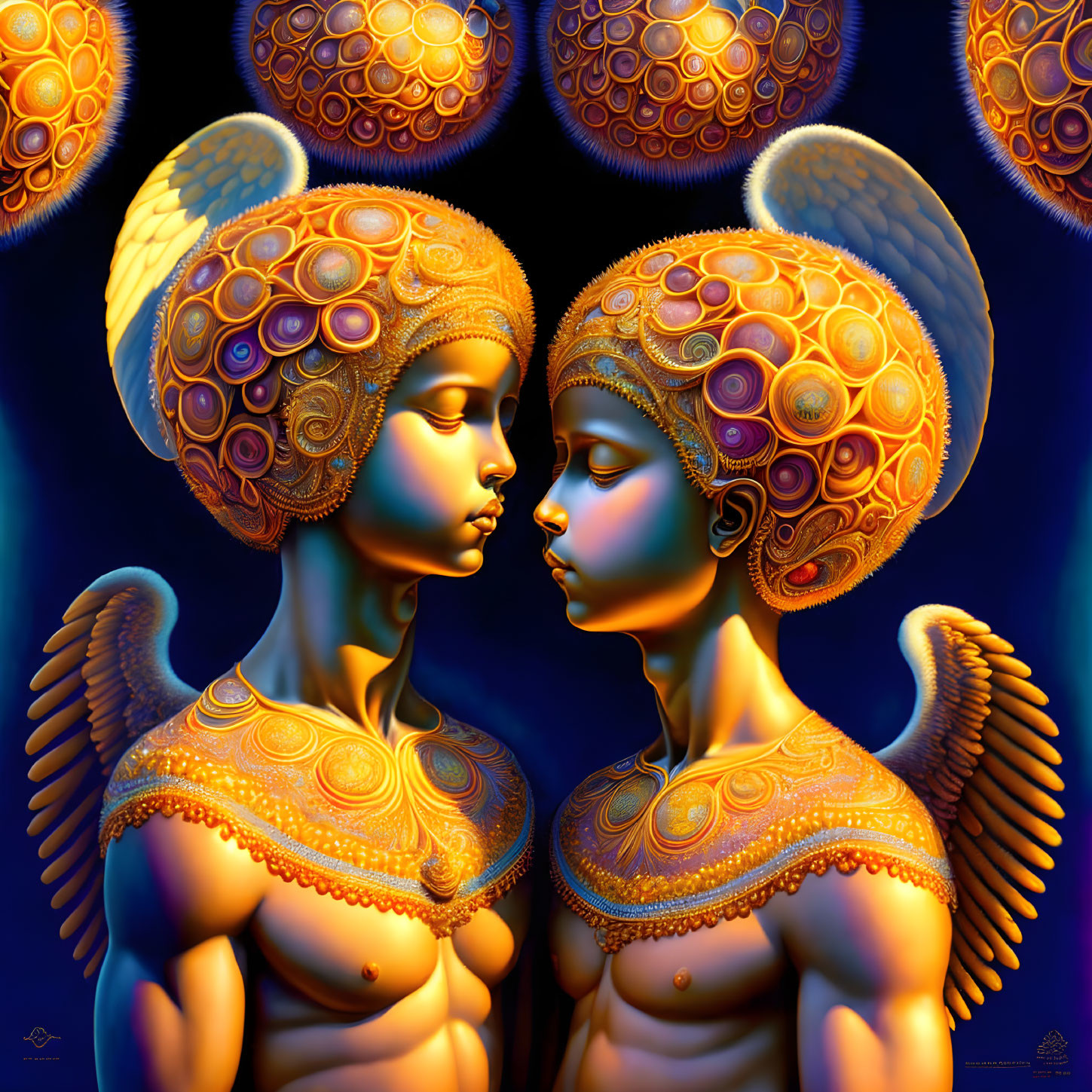 Symmetrical figures with golden headpieces touching foreheads in surreal scene