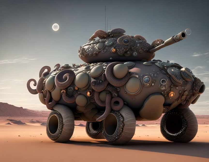 Surreal tank with speakers in desert landscape under clear sky