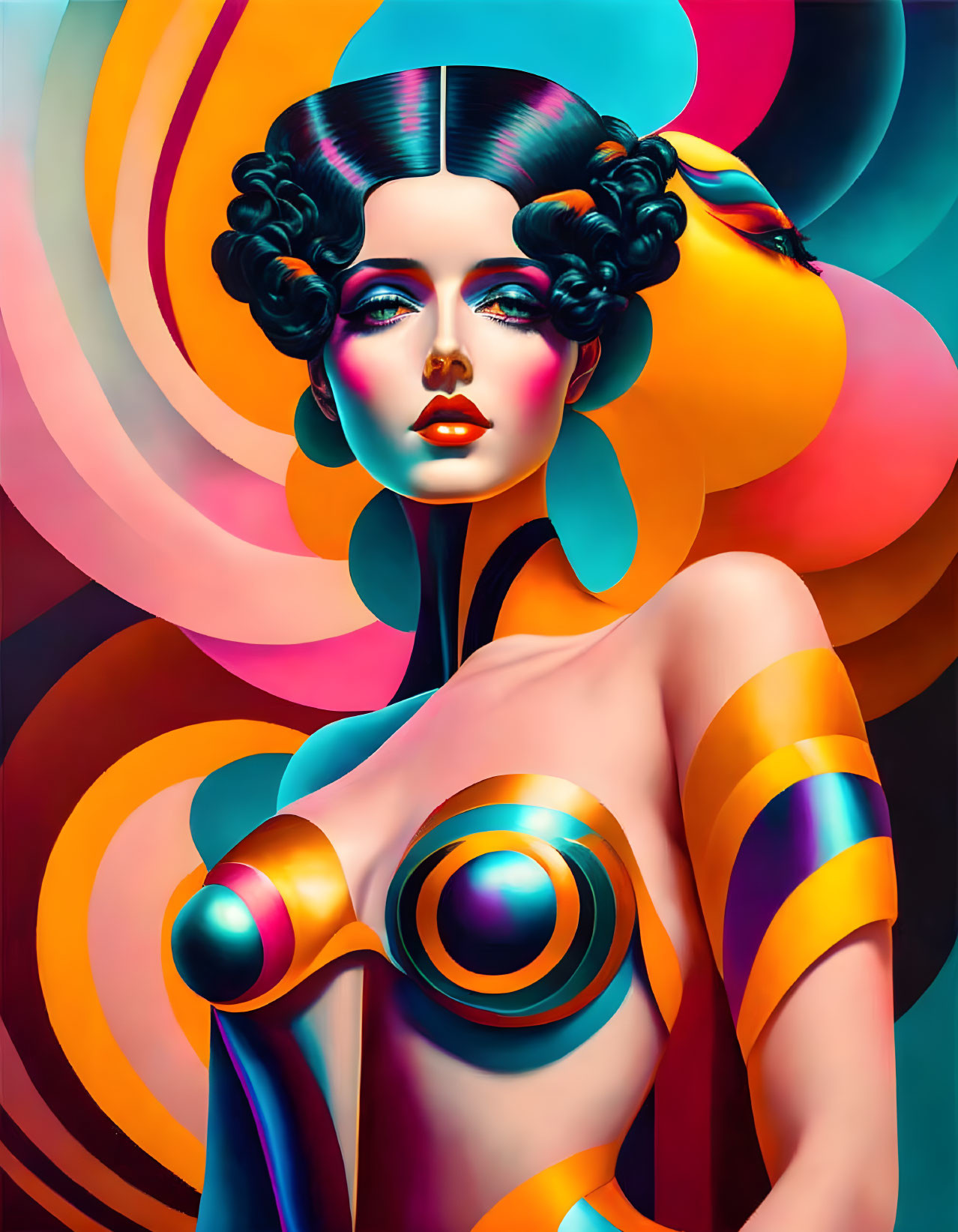 Colorful digital artwork: Woman with stylized hair and abstract patterns