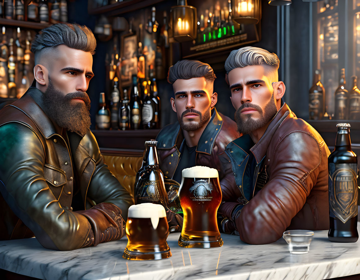 Stylized male figures with beards in bar setting, featuring beers and dimly lit bottles.
