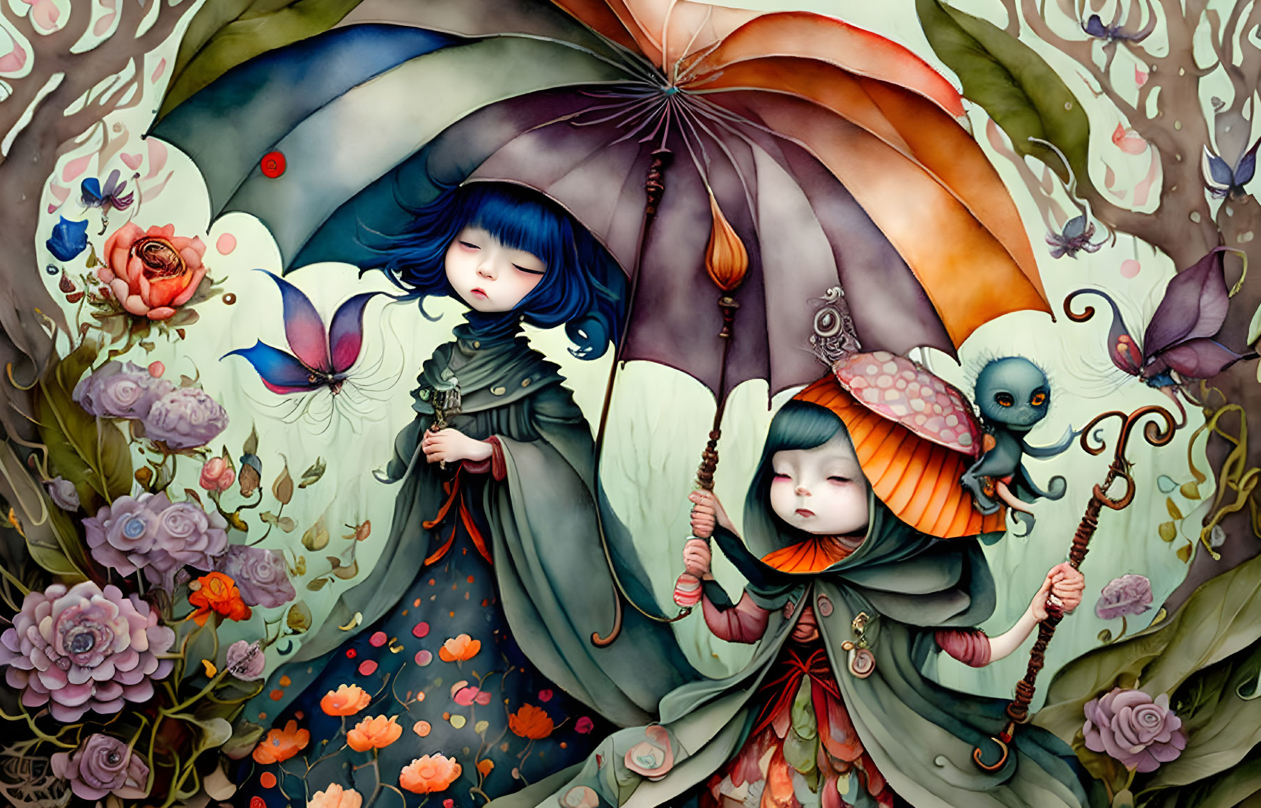 Whimsical characters with umbrellas in colorful floral setting