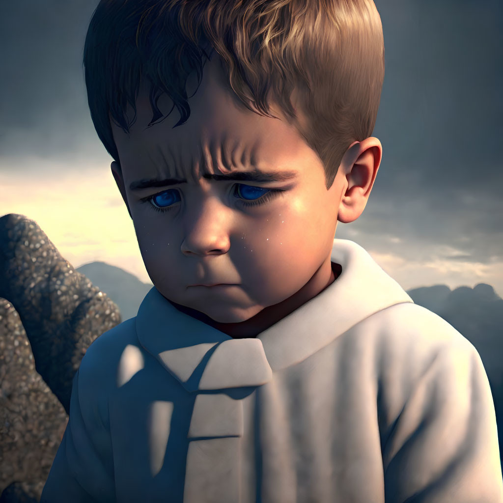 3D-rendered sad-faced young boy in blue hoodie with teary eyes