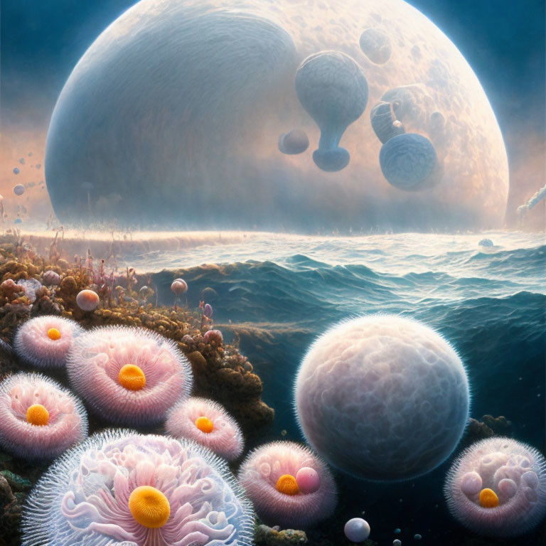 Surreal landscape with sea anemone-like organisms and moon in hazy sky