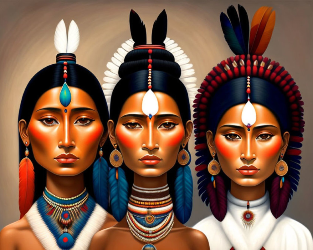 Illustrated Indigenous Women in Feathered Headdresses and Jewelry