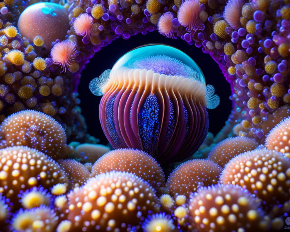 Colorful banded sea creature among orange coral in marine photograph