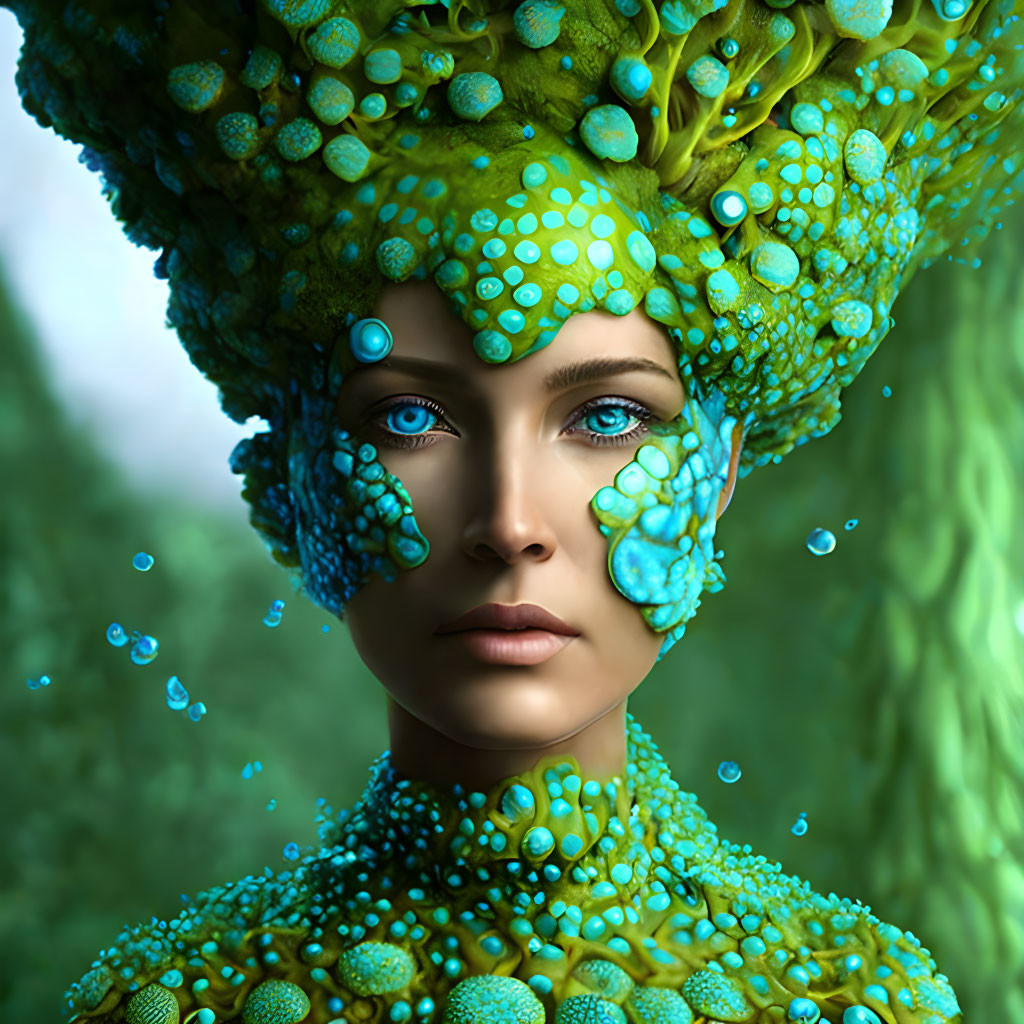 Surreal portrait of woman with blue eyes and plant textures