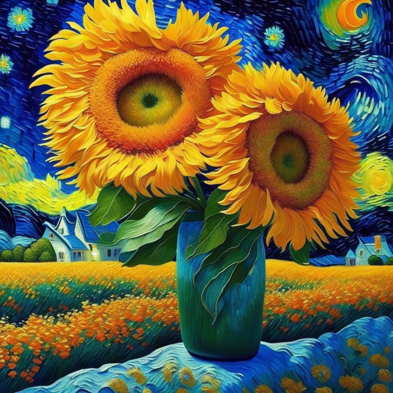 Vibrant sunflowers in a vase on swirling blue sky backdrop