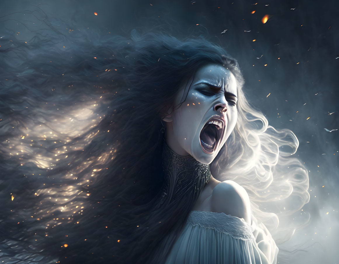 Woman with flowing hair in anguish amidst dark, mystical atmosphere