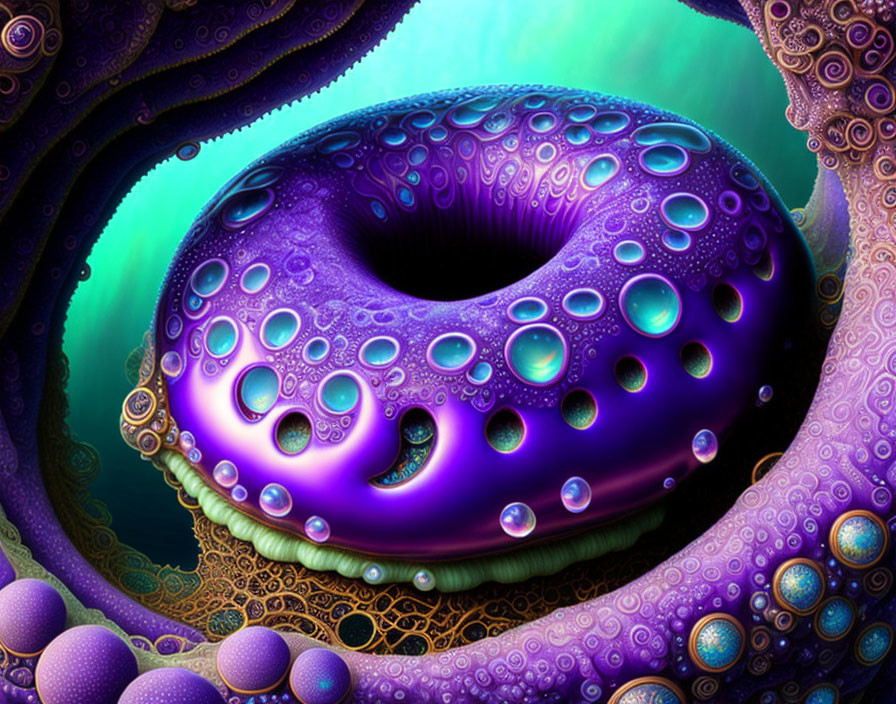 Vibrant fractal art: Purple doughnut with intricate patterns and orbs in surreal setting