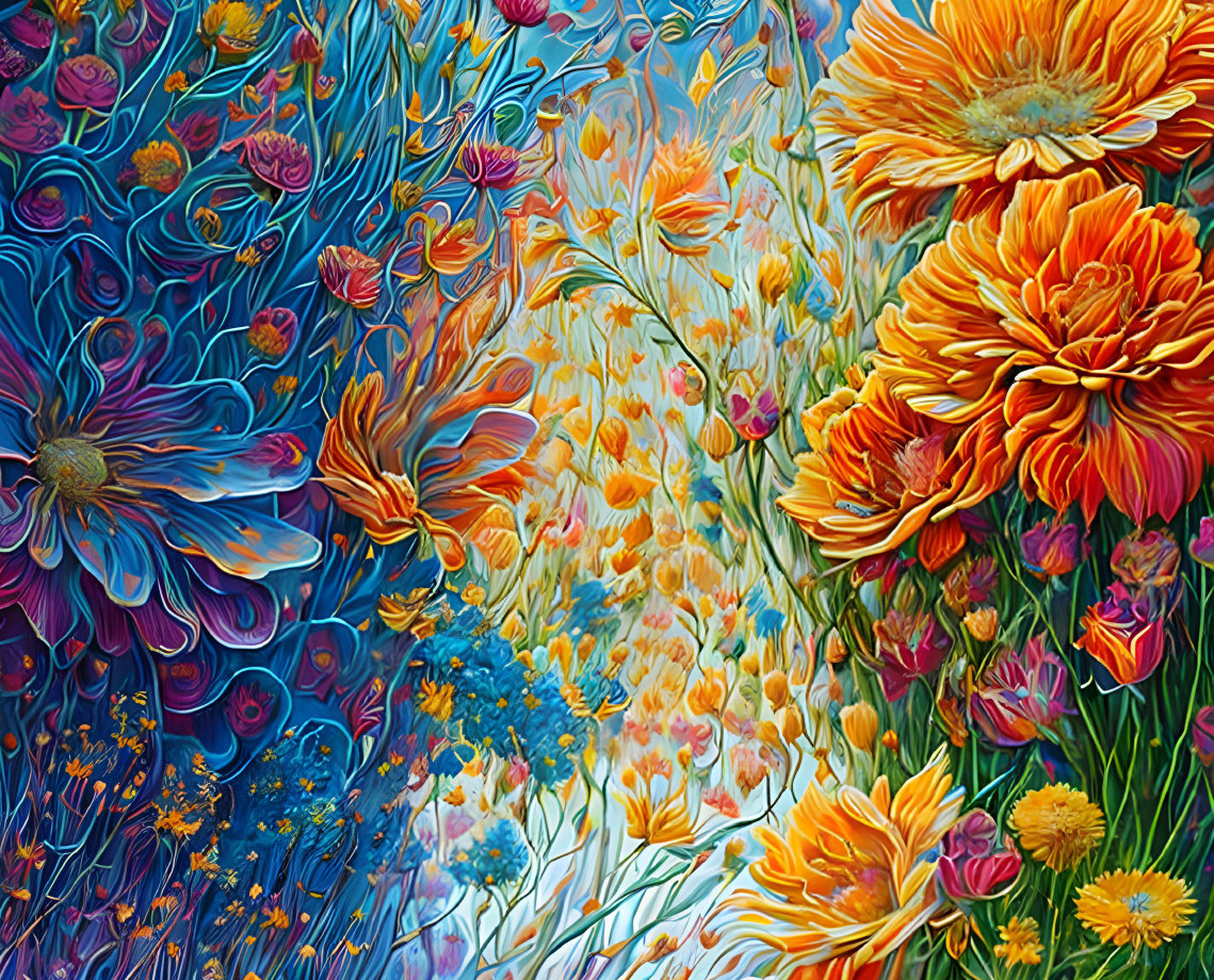 Colorful Floral Painting with Vibrant Blossoms and Detailed Petals