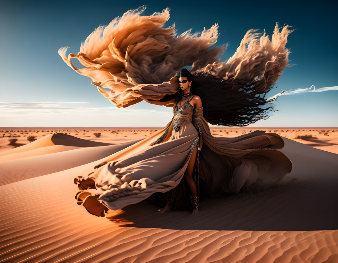 Woman in extravagant dress on desert sand dunes with billowing hair and train