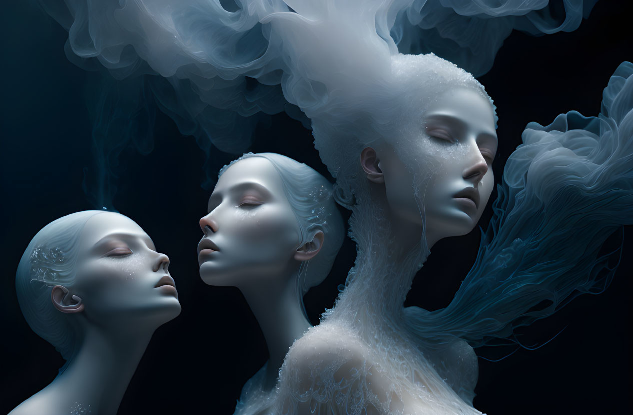 Ethereal figures with pale skin and intricate textures on dark background