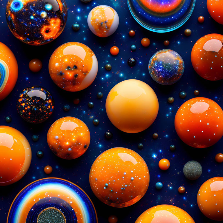 Colorful Glossy Spheres in Varying Sizes on Deep Blue Background