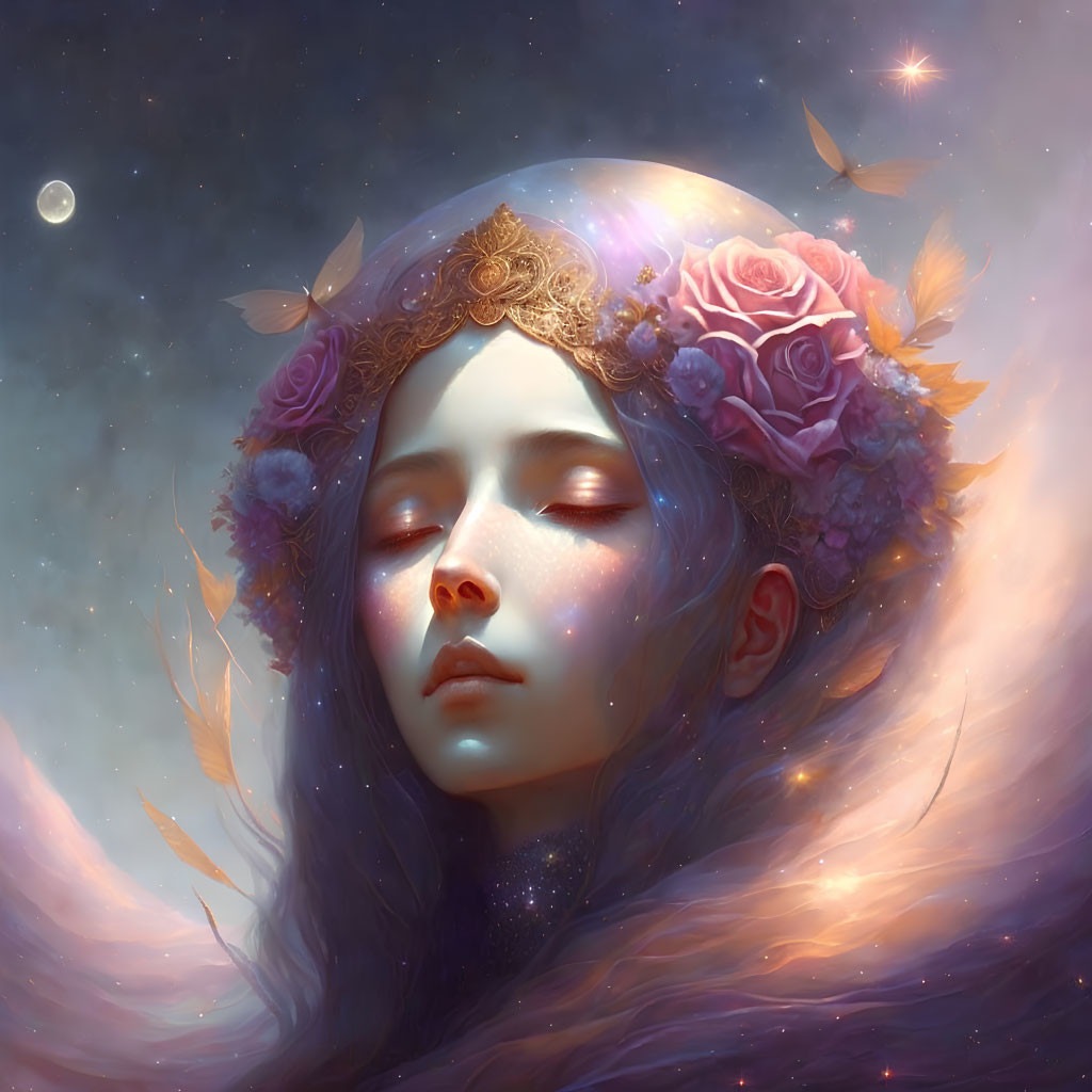 Illustration of woman with rose headpiece in cosmic setting