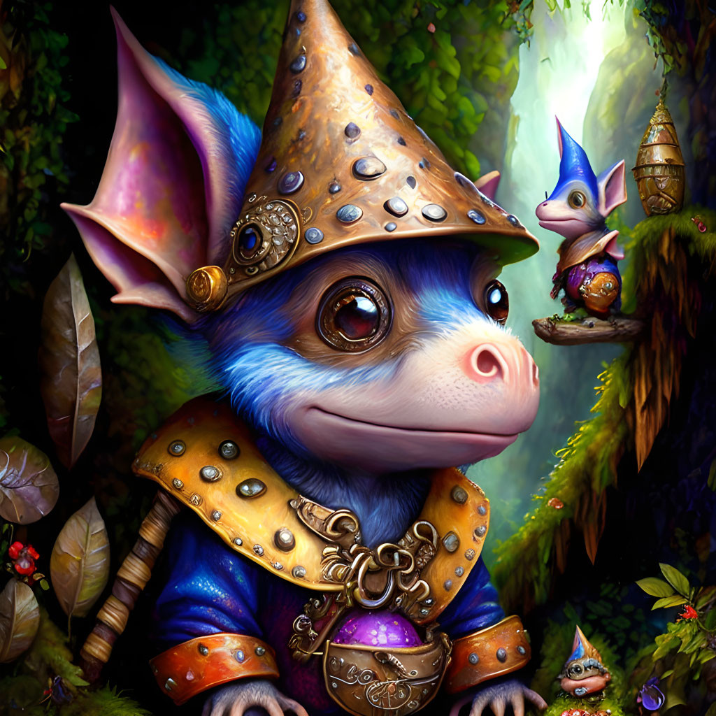 Illustration of blue armored creature in enchanted forest.