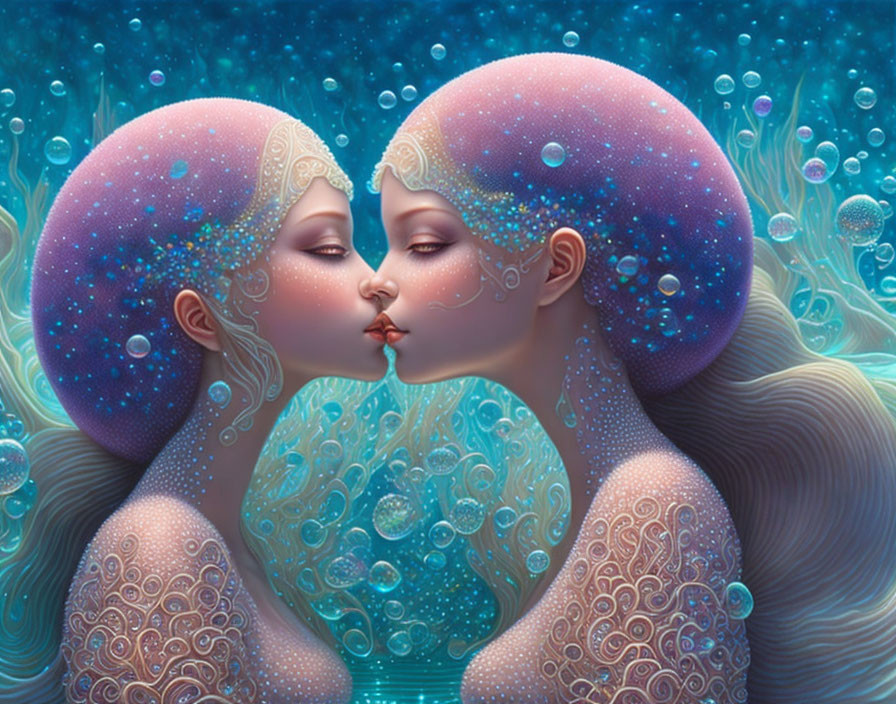 Ethereal beings with cosmos-infused features kiss in surreal aquatic scene