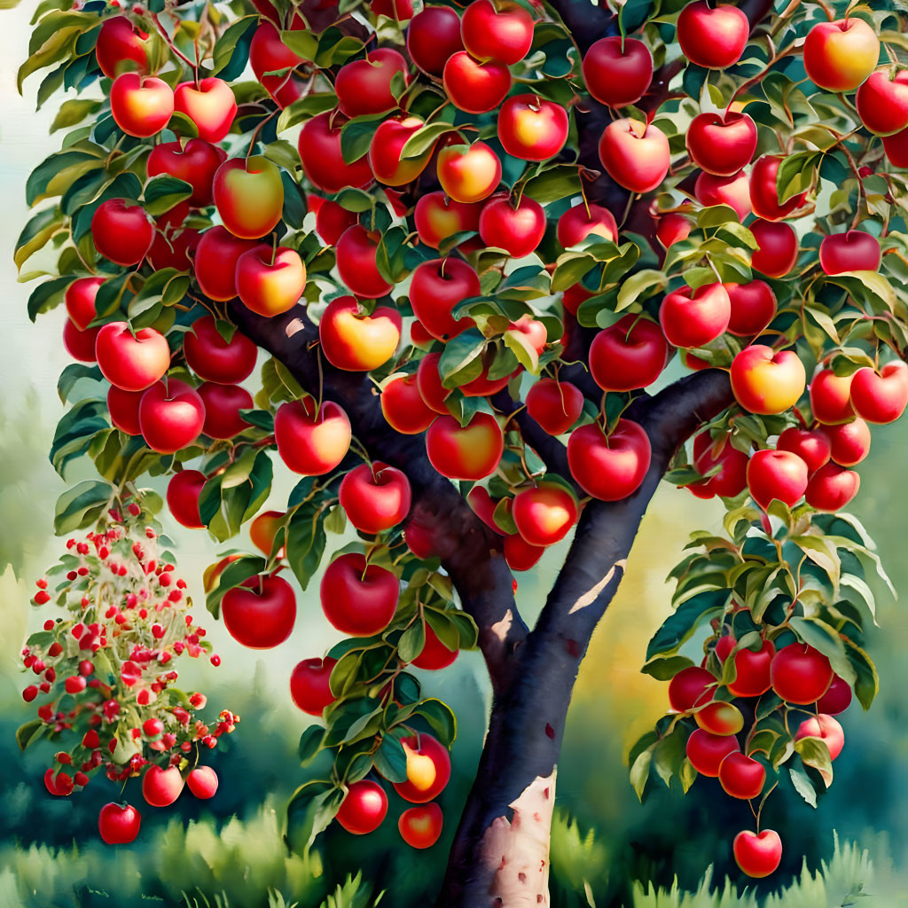 Vibrant red apples on lush apple tree branches in green background