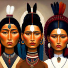 Illustrated Indigenous Women in Feathered Headdresses and Jewelry