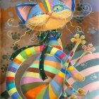 Whimsical cat face illustration with blue eyes in colorful yarn sea