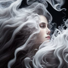 Digital artwork: Woman with voluminous white hair blending into smoke on dark background