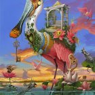 Colorful Surreal Painting of Stylized Bird by Lake at Sunset