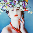 Surreal portrait of woman with flower crown and tattoos on swirling blue background