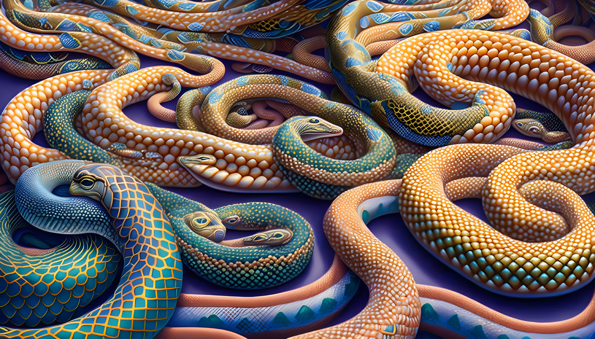 Detailed Digital Artwork: Colorful Snakes in Blue and Orange