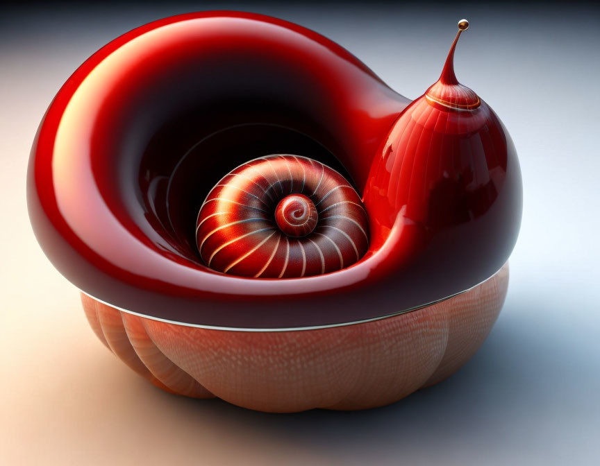 Reflective Surface Nautilus Shell-Inspired Sculpture in Glossy Red and Brown