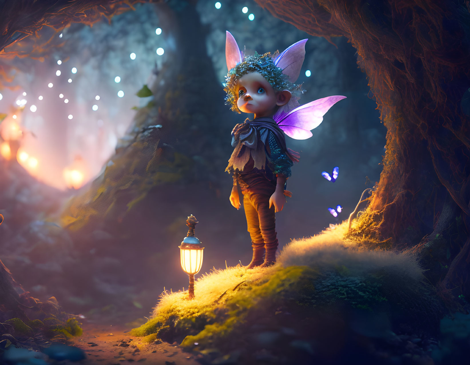 Whimsical digital artwork of fairy with lantern in enchanted forest