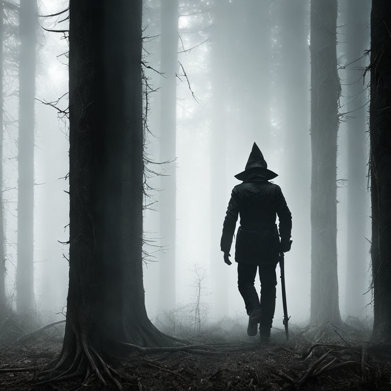 Mysterious figure in cloak and hat in misty forest landscape