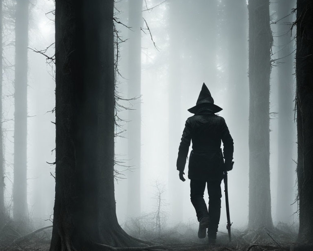 Mysterious figure in cloak and hat in misty forest landscape