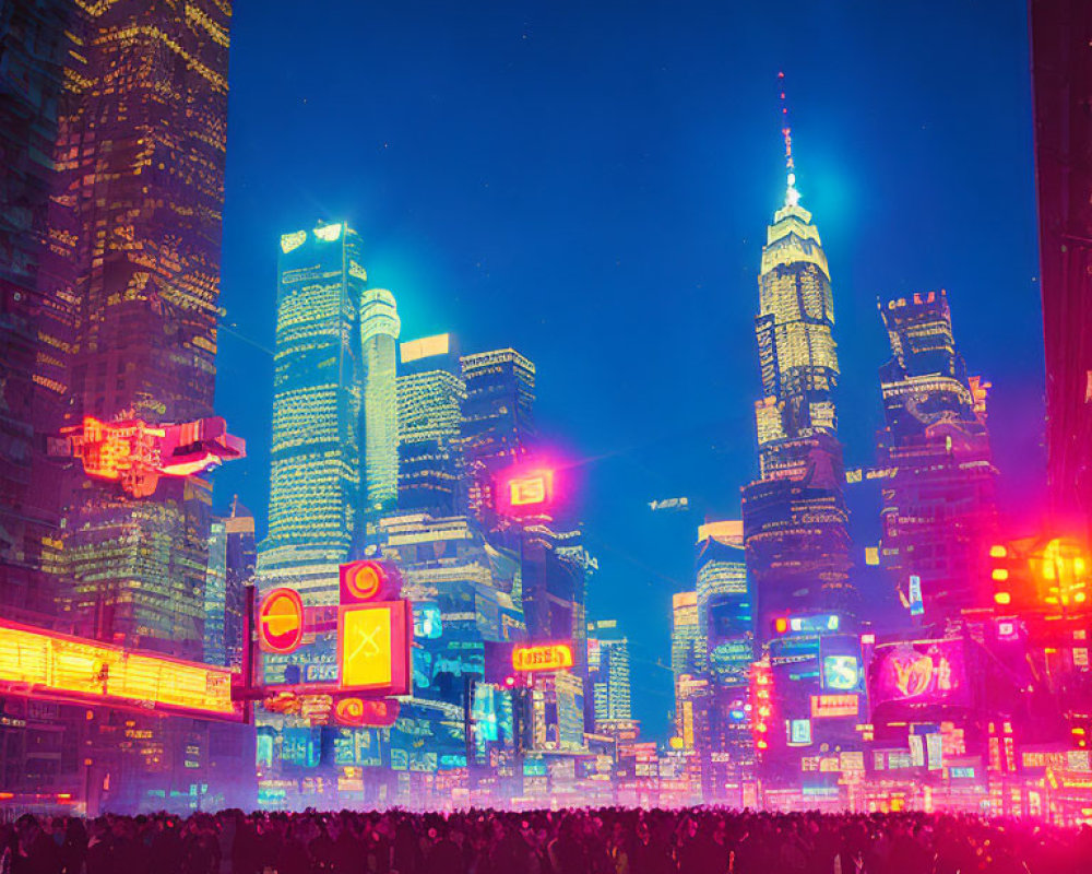 Neon-lit cityscape at night with skyscrapers and people