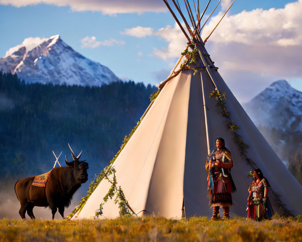 Native American individuals in traditional attire by tipi with bison and snowy mountains at dusk