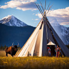 Native American individuals in traditional attire by tipi with bison and snowy mountains at dusk