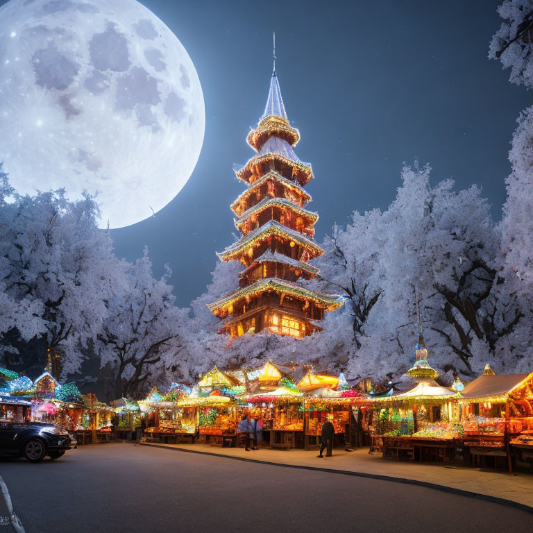 Night Market with Illuminated Stalls and Traditional Pagoda Under Full Moon
