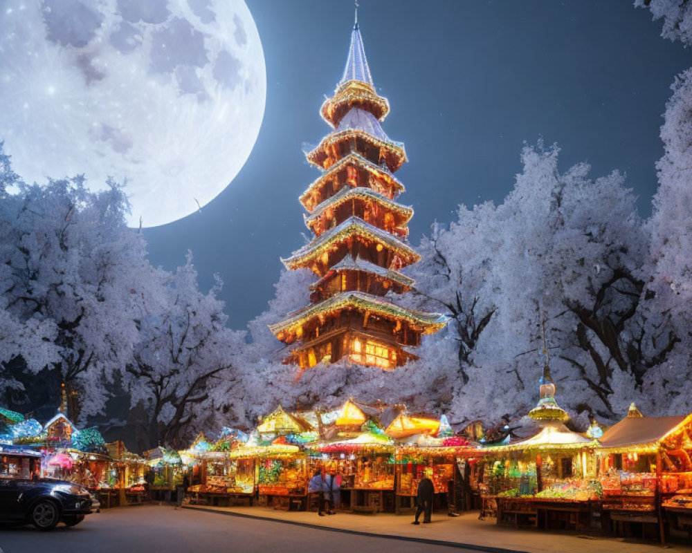 Night Market with Illuminated Stalls and Traditional Pagoda Under Full Moon
