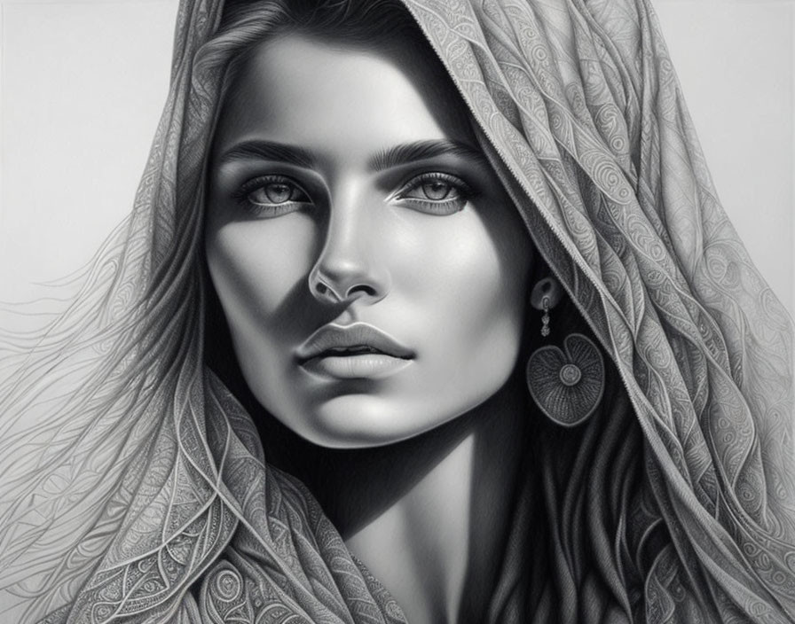 Detailed monochrome woman portrait with intricate headscarf patterns.