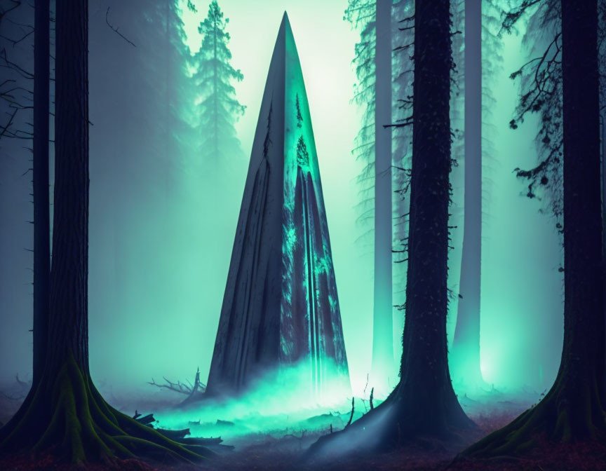 Mystical forest with large pointed rock in ethereal turquoise light