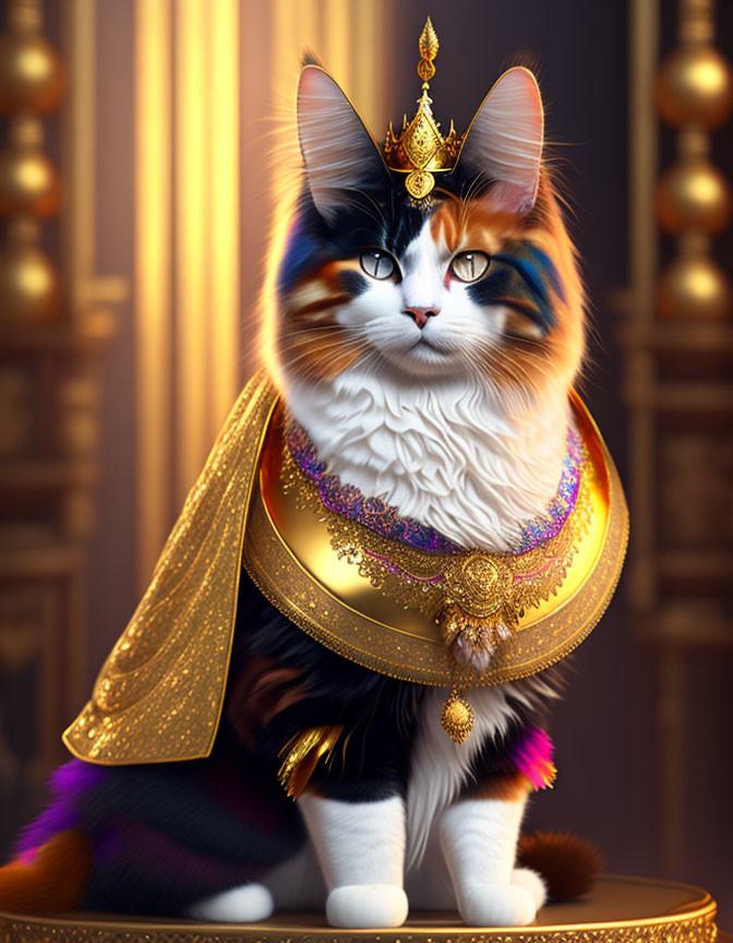 Regal calico cat with golden crown and cape in luxurious room