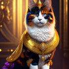 Regal calico cat with golden crown and cape in luxurious room