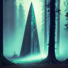 Mystical forest with large pointed rock in ethereal turquoise light