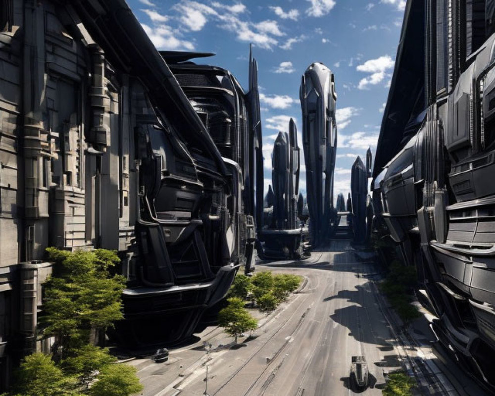 Futuristic cityscape with tall buildings, greenery, and pedestrians