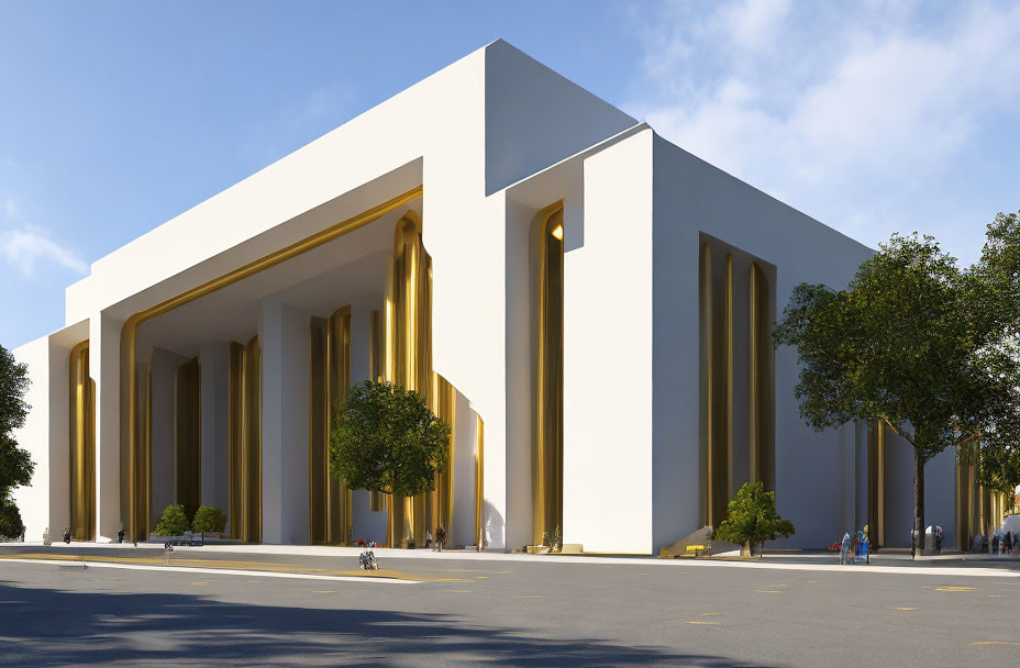 Modern building with white walls, golden pillars, trees, and people under clear blue sky