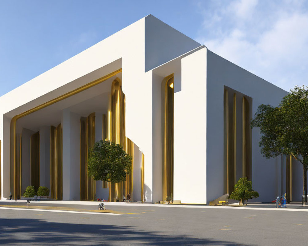 Modern building with white walls, golden pillars, trees, and people under clear blue sky