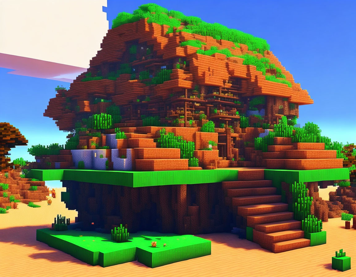 Detailed Minecraft desert biome with cacti, hill, wooden house, and trees