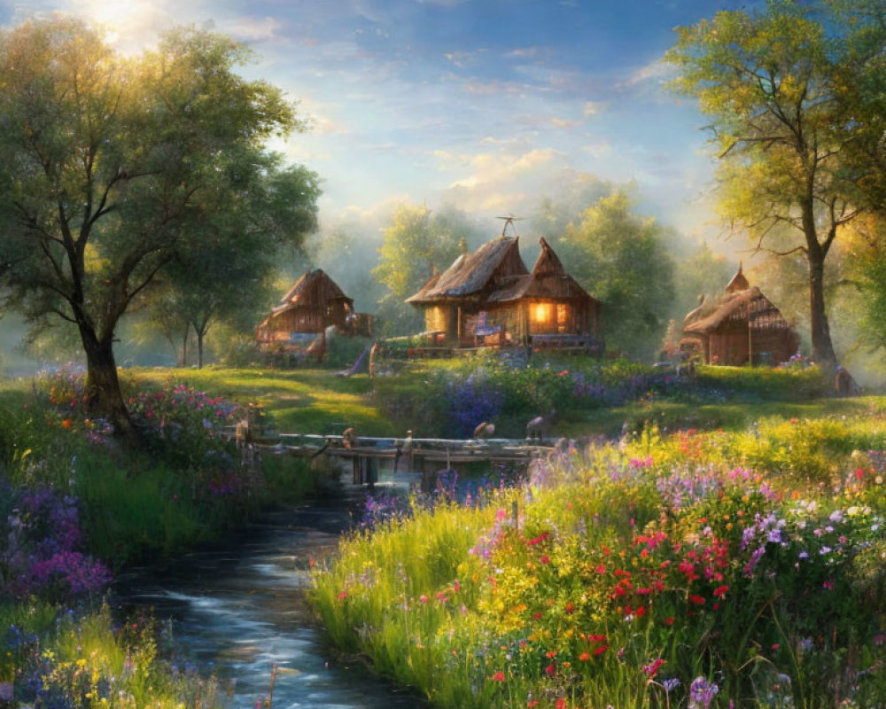 Tranquil landscape with thatched-roof cottages, stream, flowers, and trees