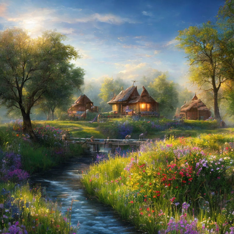 Tranquil landscape with thatched-roof cottages, stream, flowers, and trees